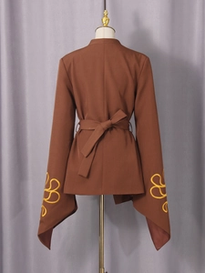 Women's slim fit brown blazer with yellow floral embroidery on sleeves and waist belt