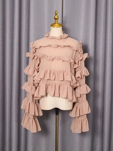 Elegant dusty rose chiffon blouse with layered ruffles and long sleeves for women