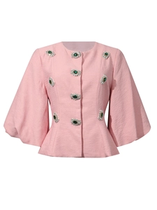 Elegante camicetta rosa testurizzata da donna con maniche a campana e bottoni gioiello