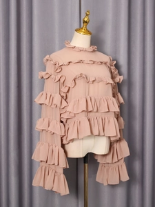 Elegant ruffles pink blouse for women with tiered cascading layers and retro stand collar
