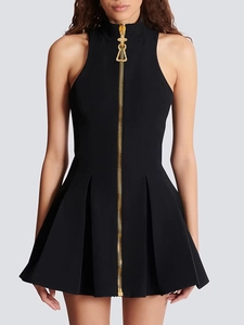 Women Sexy High Neck Sleeveless Mini Dress Front Gold Zipper Pleated A-Line Bodycon Dress Party Night Clubwear Dress
