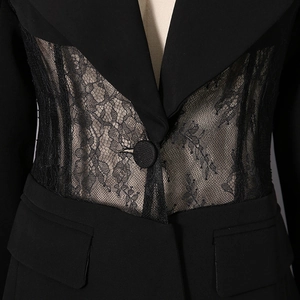 Close-up of black blazer featuring intricate lace patchwork and semi-sheer waist detail
