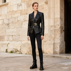 Detail view of black leather jacket featuring four utility pockets and a gold buckle belt