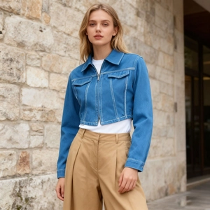 Dettaglio della giacca di denim azzurro con cuciture a contrasto e zip metallica