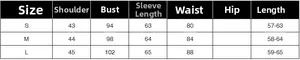 Detailed size chart for women's slim fit jacket with shoulder and bust measurements