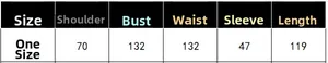 Size chart showing one size measurements for a long oversized puffer coat in detail
