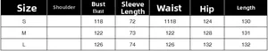 Detailed size chart for long women's trench coat including bust and length measurements
