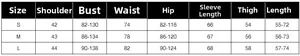 Detailed size guide table with measurements for bust waist and length in cm for slim fit bodysuit