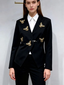 Blazer Style Britannique Coupe Cintrée avec Broderie Abeille Femme Élégant Col en V Veste de Costume Manches Longues Boucle Papillon