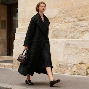 Detail of classic black long quilted coat with diamond stitching and elegant lapels