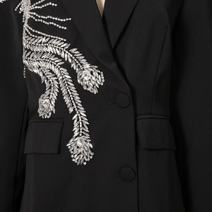 Détail d'un blazer noir avec décoration en strass plumes et revers classique élégant