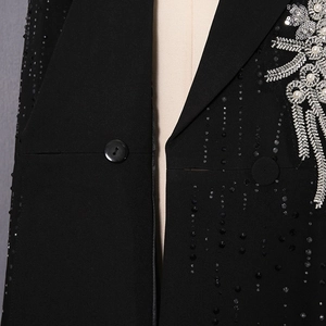 Detailed close-up of handmade pearl embroidery and sequins on black blazer lapel