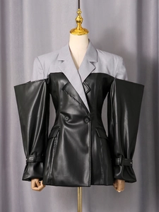 Women's chic patchwork long sleeve blazer jacket with bold cuffs and slim waist