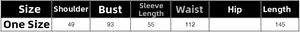 Detailed size chart for long cotton jacket with measurements for shoulder and bust