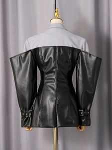 Women's patchwork gray blazer and black PU leather jacket with open shoulder detail