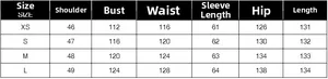 Detailed size guide table for long wool coat including bust and length in centimeters