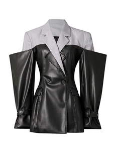 Women's two-tone cold-shoulder leather blazer with grey contrast stitching and double-breasted detail