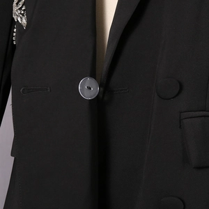 Détail d'un blazer noir avec décoration d'épaule en strass et bouton transparent