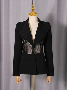 Women's black slim blazer with floral lace patchwork and sheer透视 paneling details
