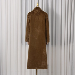 Rear view of long faux fur coat in deep brown with smooth texture and straight silhouette