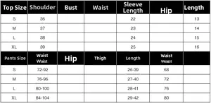 Detailed size chart for the irregular camisole and skirt two-piece set for women