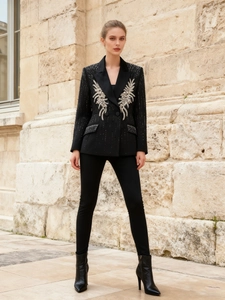 Women's black tailored blazer with rhinestone leaf embroidery and double-breasted design