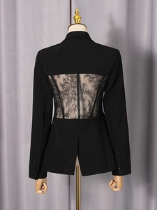 Women's slim fit black blazer featuring intricate floral lace back panel and buttoned cuffs