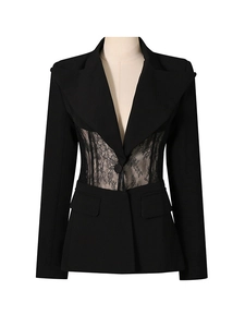 Women's black slim fit blazer with sheer lace waist panel and elegant notched lapels