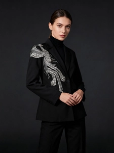 Veste Blazer Ajustée pour Femmes Avec Broderie de Phénix en Paillettes Argentées Style Coréen Élégant Veste de Costume de Bureau