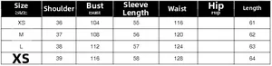 Tableau des tailles pour chemisier à nouer avec mesures d'épaules et de poitrine