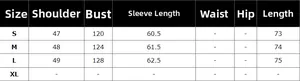 Detailed size guide for casual oversized blazer featuring shoulder, bust and length measurements