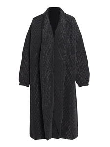 Thick quilted black long coat with diamond pattern and large shawl collar for women