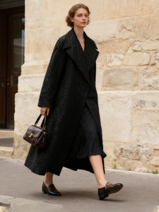 Women's Long Black Quilted Coat Elegant Diamond Pattern Padded Jacket Lapel Loose Winter Outerwear Warm Ankle Length Coat