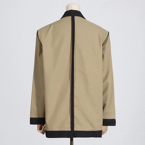 Rear view of khaki and black contrast blazer featuring vertical stitching and notched lapels