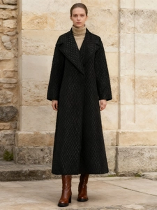 Chic black long quilted coat with diamond patterns and notch lapel for women fashion