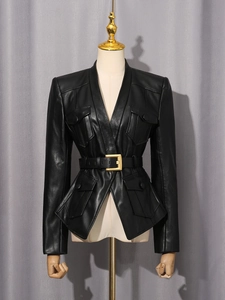 Slim fit black leather jacket with four pockets and gold buckle belt for women