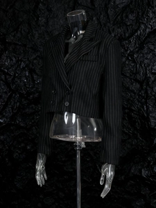 Women's cropped pinstripe blazer with double-breasted buttons and notched lapel