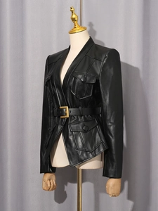 Fashionable black PU leather belted jacket with cargo pockets and slim waist design