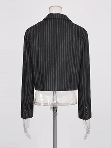 Women's black pinstripe fitted blazer jacket with striped pattern for commuter style
