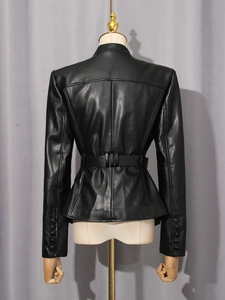 Slim-fit black leather jacket for women with waist belt and decorative cuff buttons