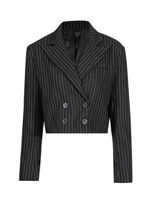Women's cropped pinstripe blazer with double-breasted buttons in classic black