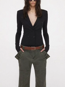 Women Elegant Double Breasted Bodysuit Long Sleeve V Neck Slim Fit Black Blazer Style Bodysuit With Thumbholes Jumpsuit Top
