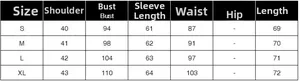 Size chart detail for irregular flower blazer with S-XL measurements in cm