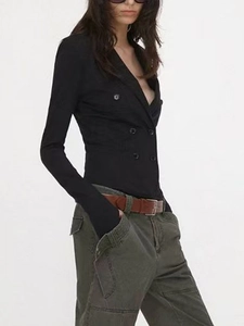 Slim fit black double-breasted long sleeve bodysuit top in British style for women