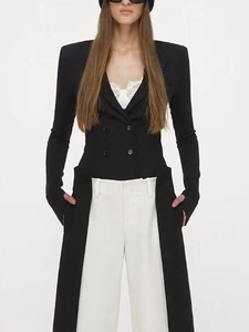 Slim fit black double-breasted tuxedo bodysuit with shoulder pads and lace details