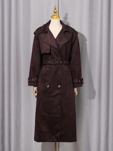 Elegant wine red suede long trench coat with classic double-breasted design and waist belt