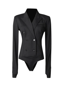 Slim fit black double-breasted long-sleeve bodysuit with peak lapels and structured shoulders