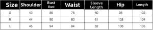 Detailed size chart for women's long wool coat with shoulder and bust measurements