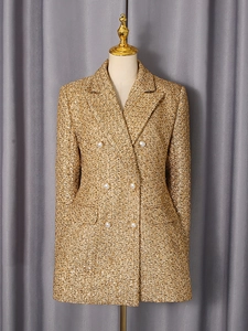 Elegant gold tweed blazer with pearl buttons and classic double-breasted design