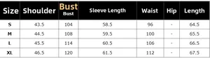 Detailed size chart for women's blazer showing measurements for S, M, L, and XL sizes